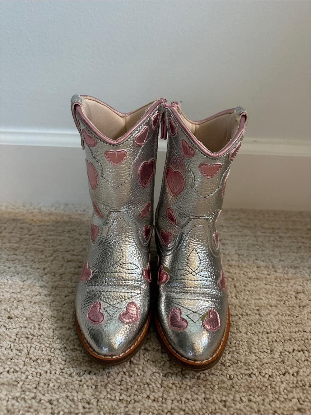 Wild + Rae Silver Cowgirl Boots with Pink Hearts - Kids Shoes